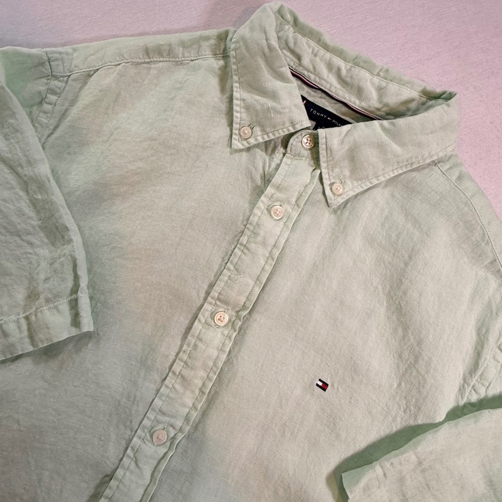 100% Linen Tommy Hilfiger Button Down Mens XL Shirt Mint Short Sleeve Resortwear
